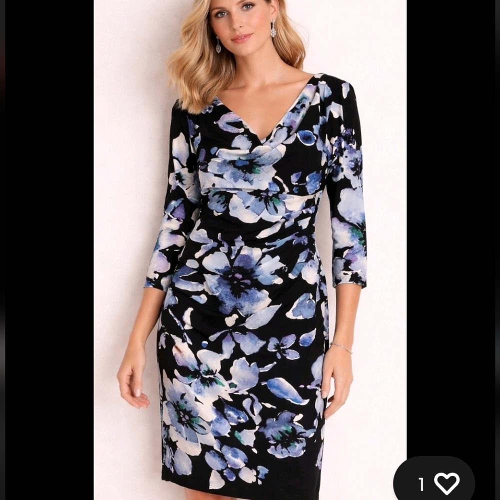 Lauren Ralph Lauren Black Blue Floral 3/4 Sleeve Cowl Neck Sheath Dress Sz 4